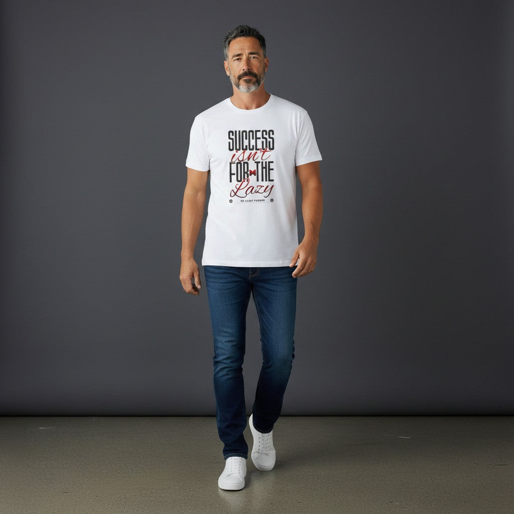Man wearing Omina white heavyweight cotton graphic t-shirt with Success Isn't For The Lazy motivational print.