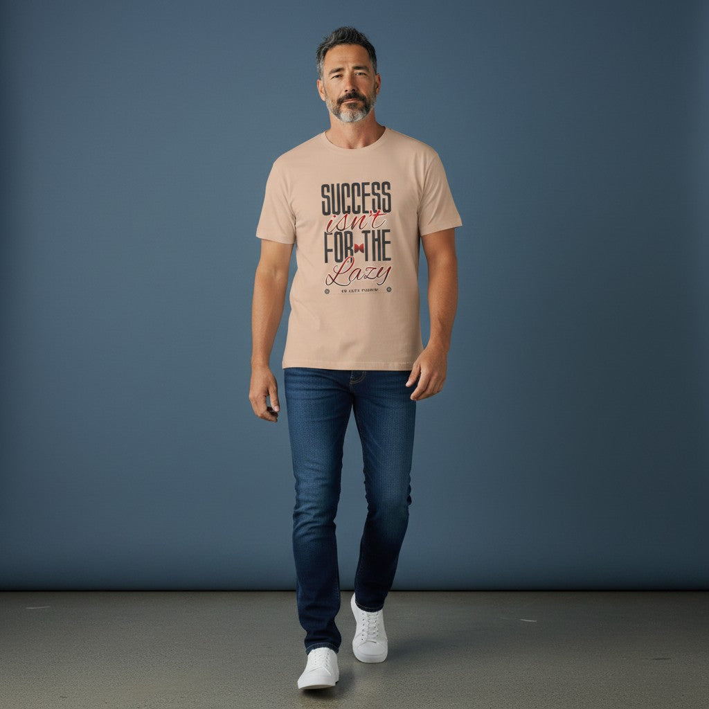 Omina heavyweight boxy cotton t-shirt in beige with Success Isn't For The Lazy motivational graphic on a male model.