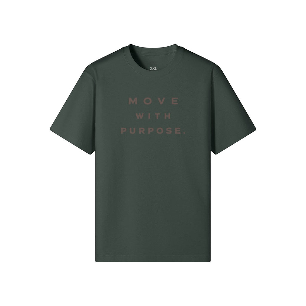 Omina dark green heavyweight cotton t-shirt with "MOVE WITH PURPOSE" graphic print on chest.