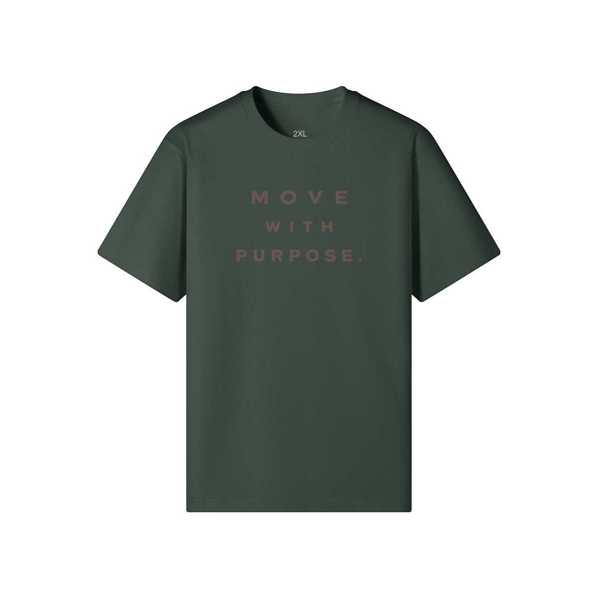 Omina dark green heavyweight cotton t-shirt with "MOVE WITH PURPOSE" graphic in muted rose.