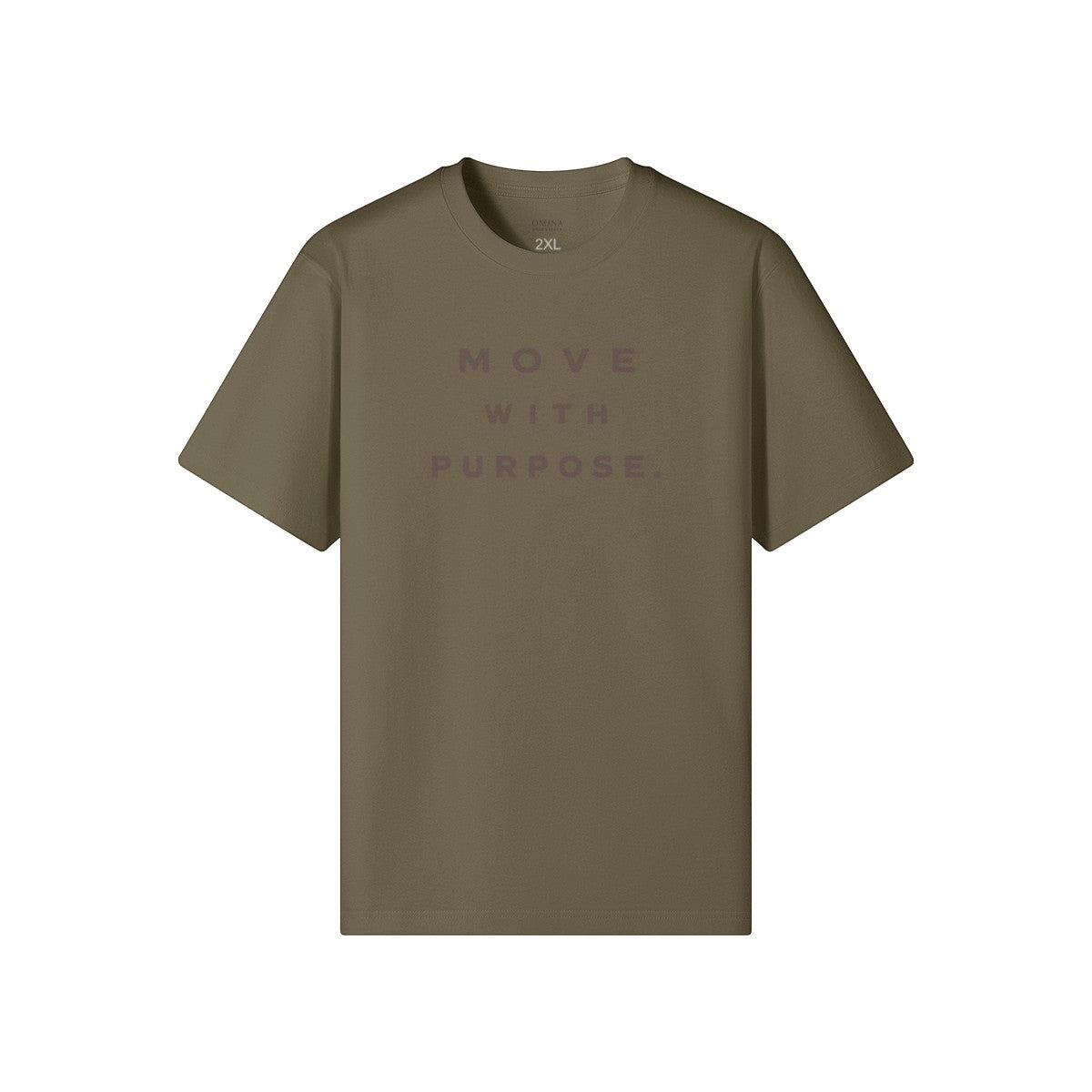 Omina olive green heavyweight cotton t-shirt with "MOVE WITH PURPOSE." graphic on chest. Relaxed fit, crew neck.