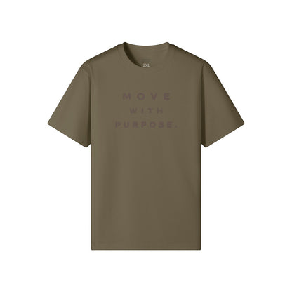 Omina olive green heavyweight cotton t-shirt with "MOVE WITH PURPOSE." graphic on chest. Relaxed fit, crew neck.