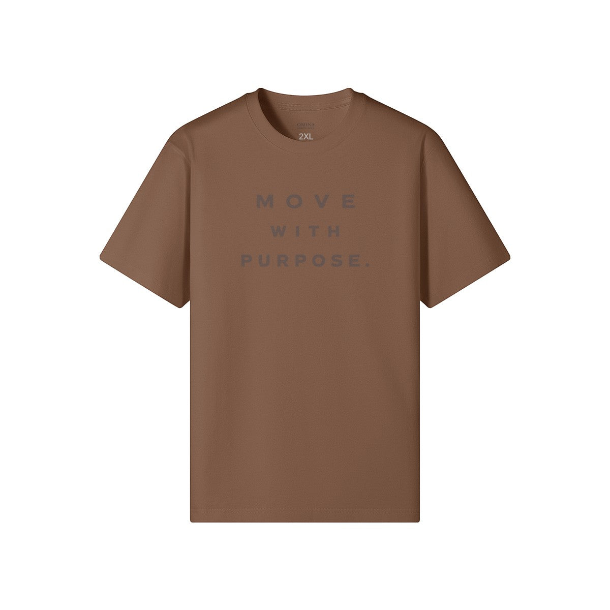 Omina brown heavyweight cotton t-shirt with "MOVE WITH PURPOSE." graphic on chest. Relaxed fit, crew neck.