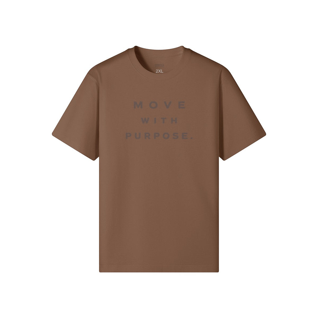 Omina brown heavyweight cotton t-shirt with "MOVE WITH PURPOSE." graphic on chest. Relaxed fit, crew neck.
