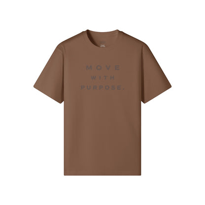 Omina brown heavyweight cotton t-shirt with "MOVE WITH PURPOSE." graphic on chest. Relaxed fit, crew neck.
