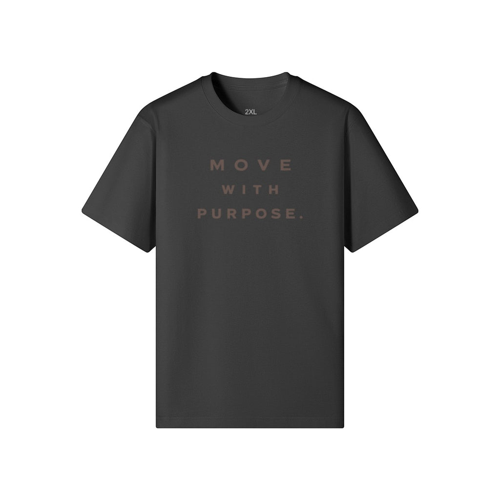 Omina dark grey heavyweight cotton t-shirt with "MOVE WITH PURPOSE" text graphic on chest.