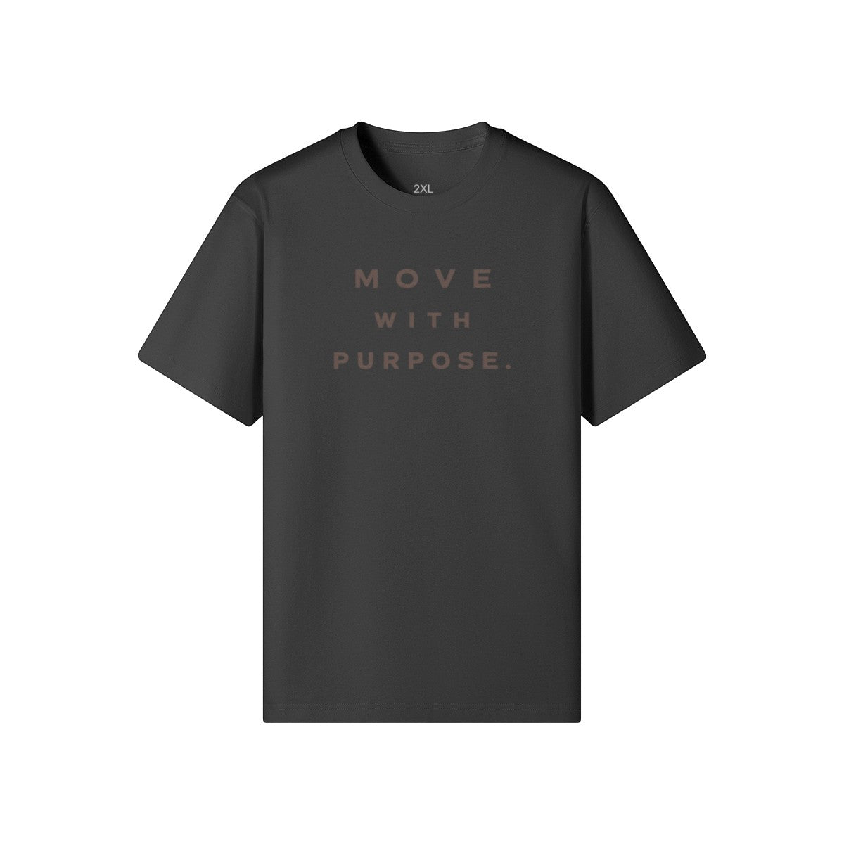 Omina dark grey heavyweight cotton t-shirt with "MOVE WITH PURPOSE" text graphic on chest.