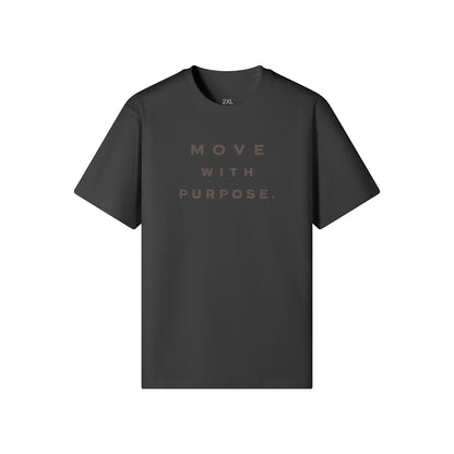 Omina dark grey heavyweight cotton t-shirt with "MOVE WITH PURPOSE" text graphic on chest.