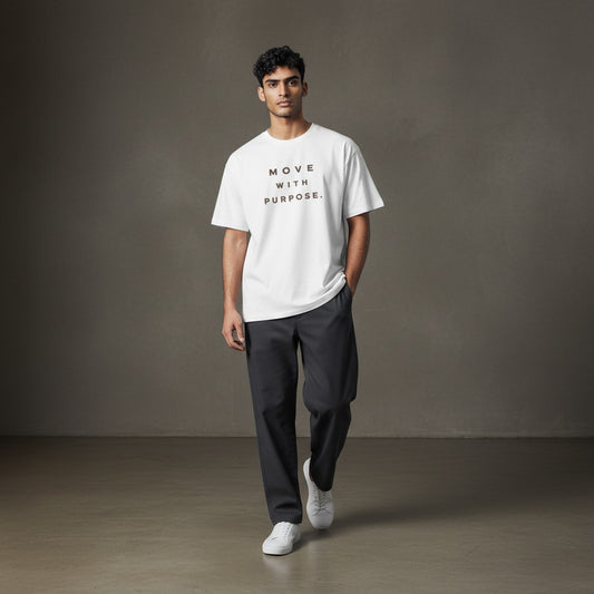Omina white heavyweight cotton t-shirt with "MOVE WITH PURPOSE." printed in brown on the chest.