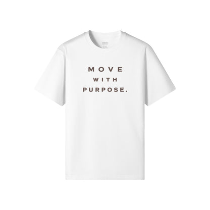 Omina white heavyweight cotton t-shirt with "MOVE WITH PURPOSE." printed in brown on the chest.