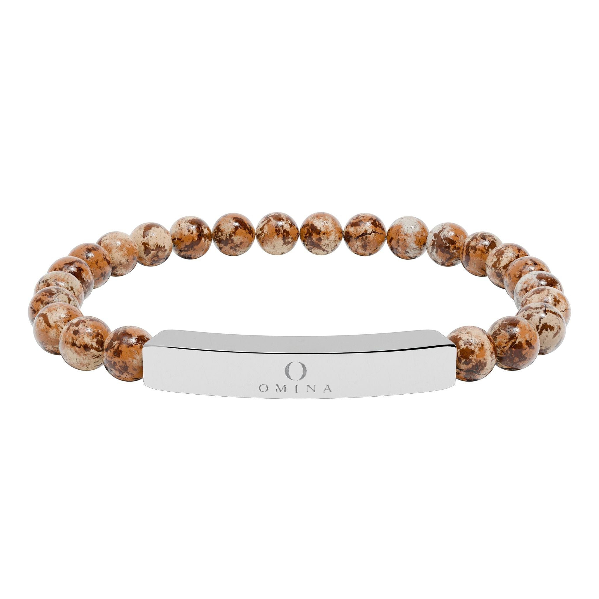 Omina natural stone stretch bracelet with brown marbled beads and a polished stainless steel engraved bar.