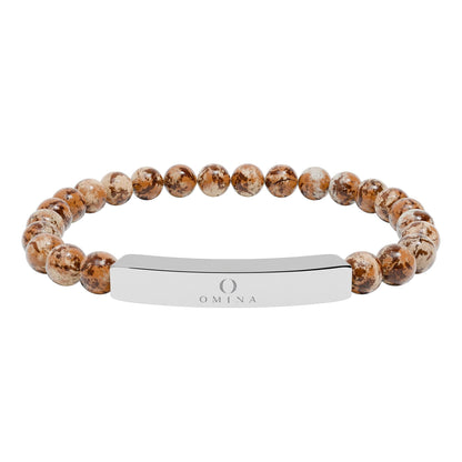 Omina natural stone stretch bracelet with brown marbled beads and a polished stainless steel engraved bar.