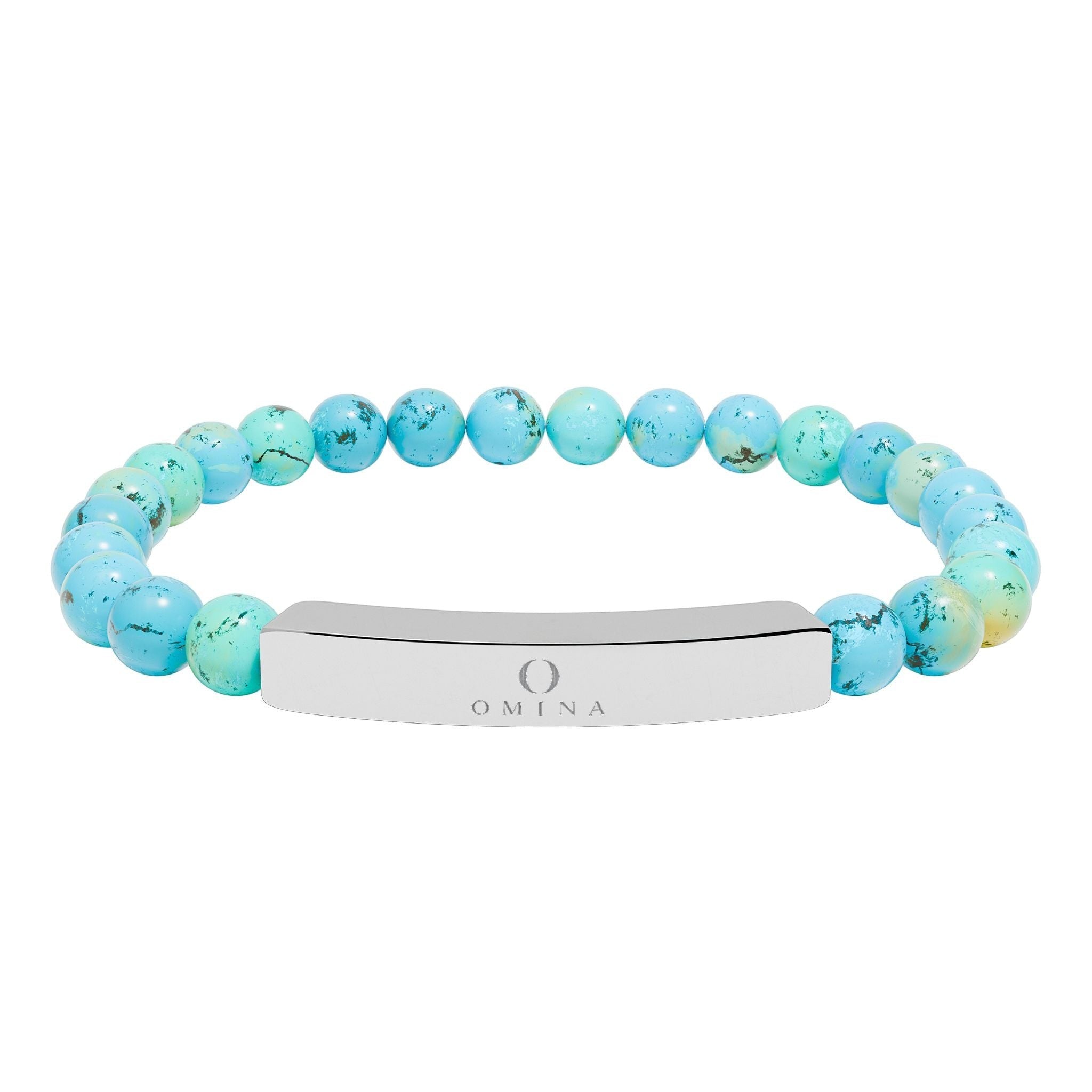 Omina stretch bracelet with turquoise natural stone beads and a polished stainless steel engraved bar.