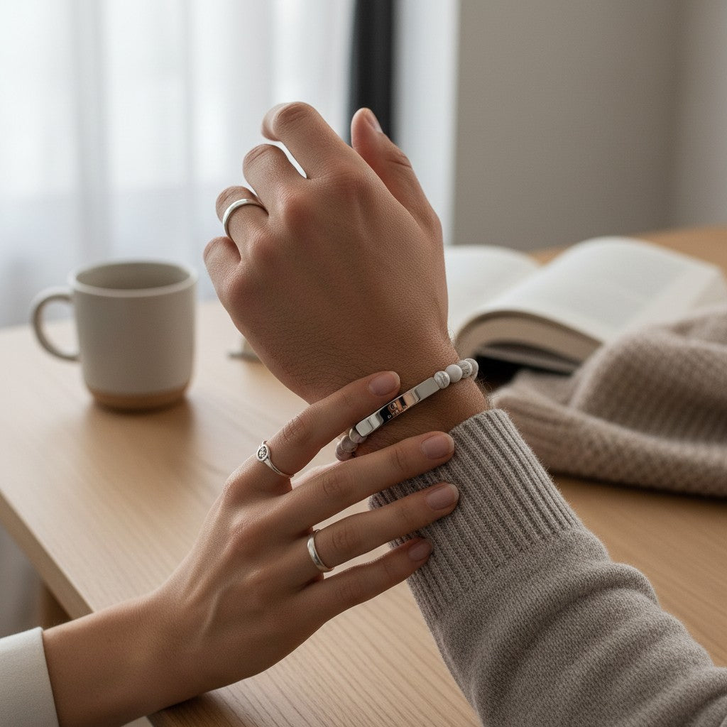 Omina natural stone stretch bracelet with a polished stainless steel bar on a person's wrist at a desk.