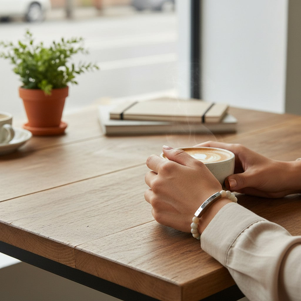 Omina natural stone stretch bracelet with a stainless steel bar, worn on a wrist holding a warm coffee cup.