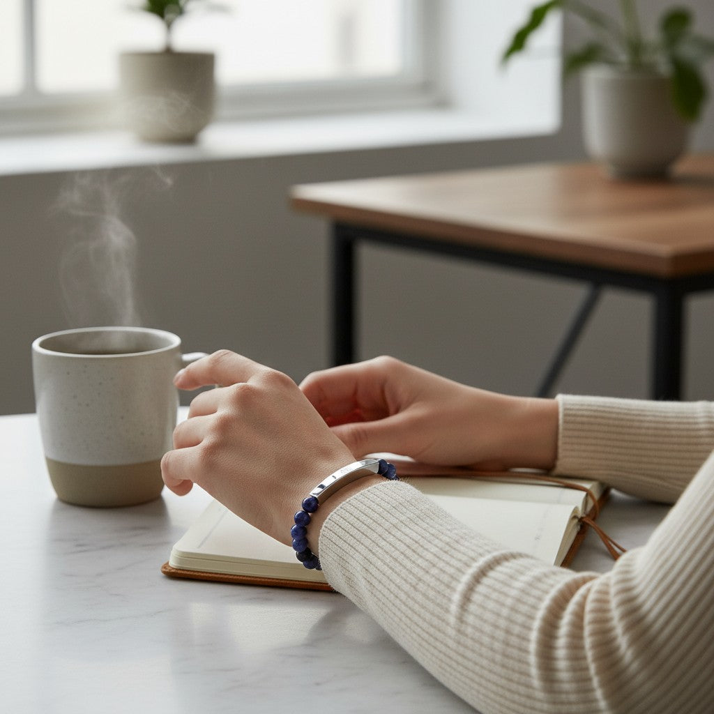 Omina natural stone stretch bracelet with blue beads and a stainless steel bar, worn by a person with a coffee mug.