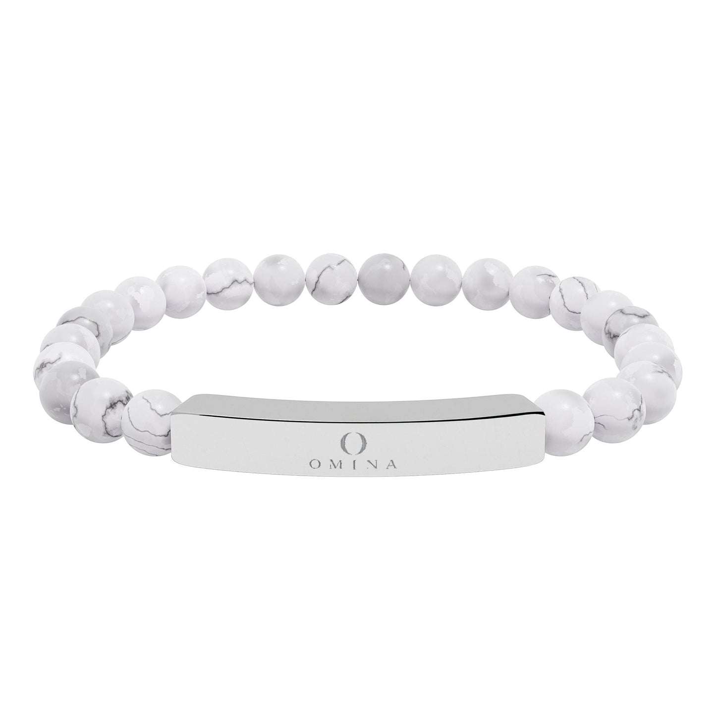 Omina natural stone stretch bracelet with white marble beads and a polished stainless steel engraved bar.