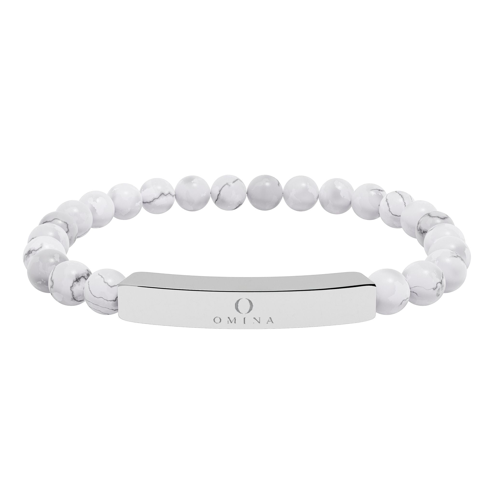 Omina natural stone stretch bracelet with white marble beads and a polished stainless steel engraved bar.