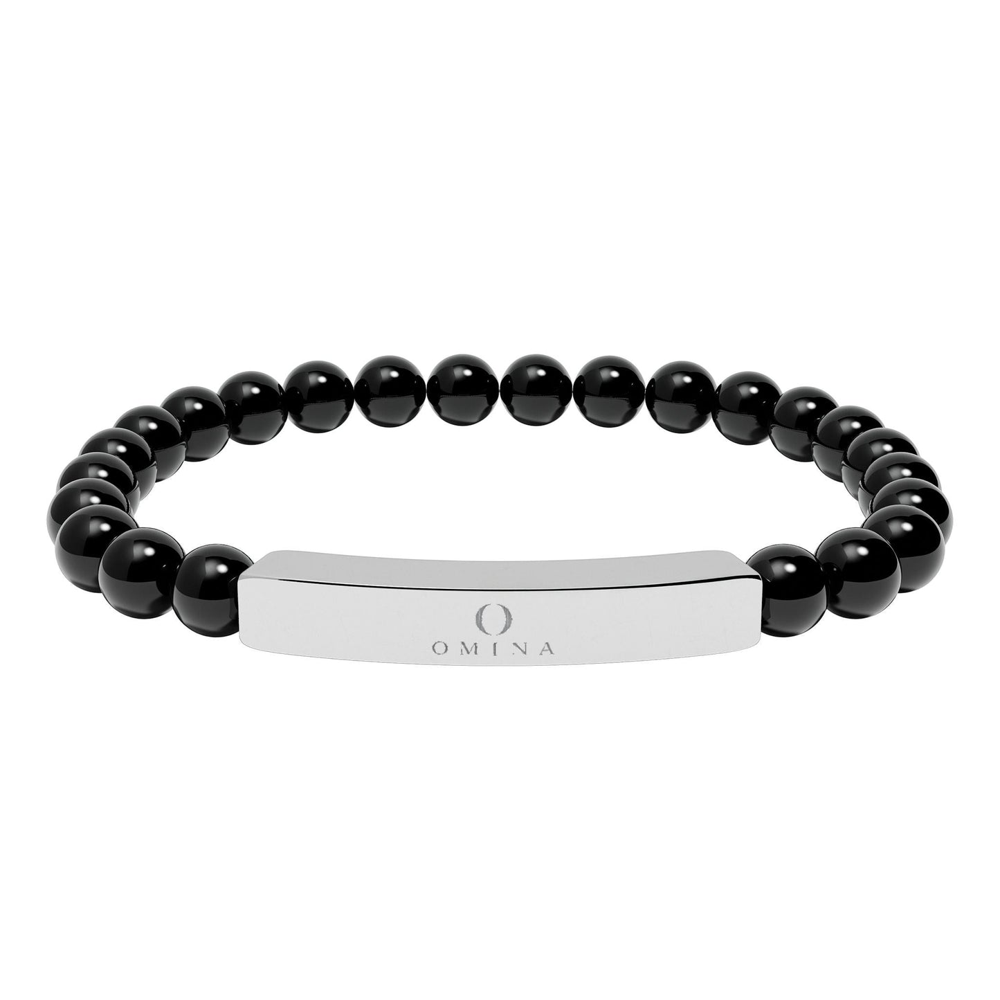 Omina stretch bracelet with polished black natural stone beads and a silver-tone 316L stainless steel engraved bar.