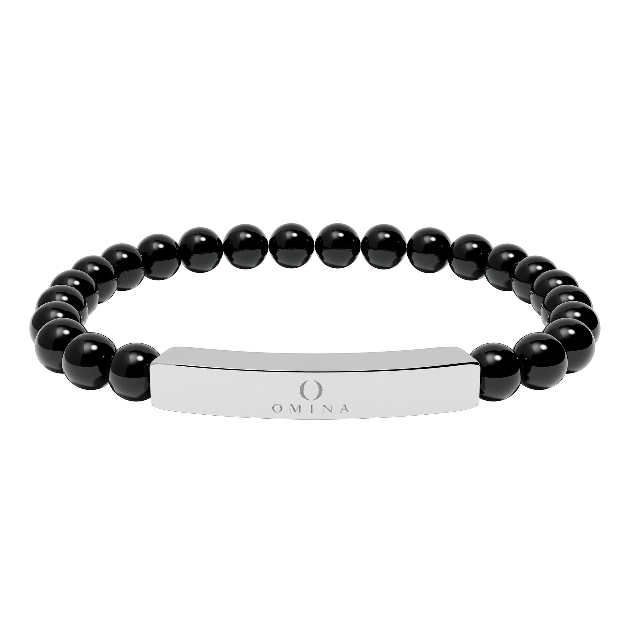 Omina stretch bracelet with polished black natural stone beads and a silver-tone 316L stainless steel engraved bar.