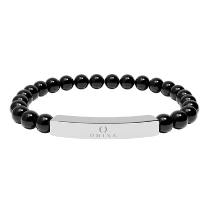 Omina stretch bracelet with polished black natural stone beads and a silver-tone 316L stainless steel engraved bar.
