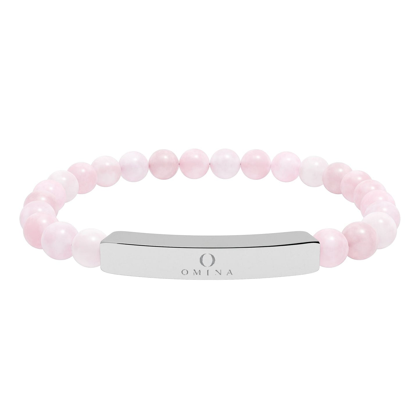 Omina stretch bracelet featuring smooth light pink natural stone beads and a polished stainless steel engraved bar.