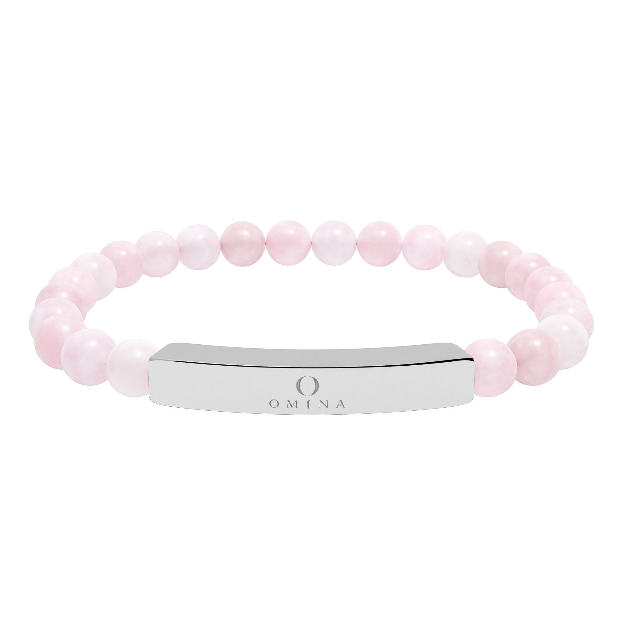 Omina stretch bracelet featuring smooth light pink natural stone beads and a polished stainless steel engraved bar.