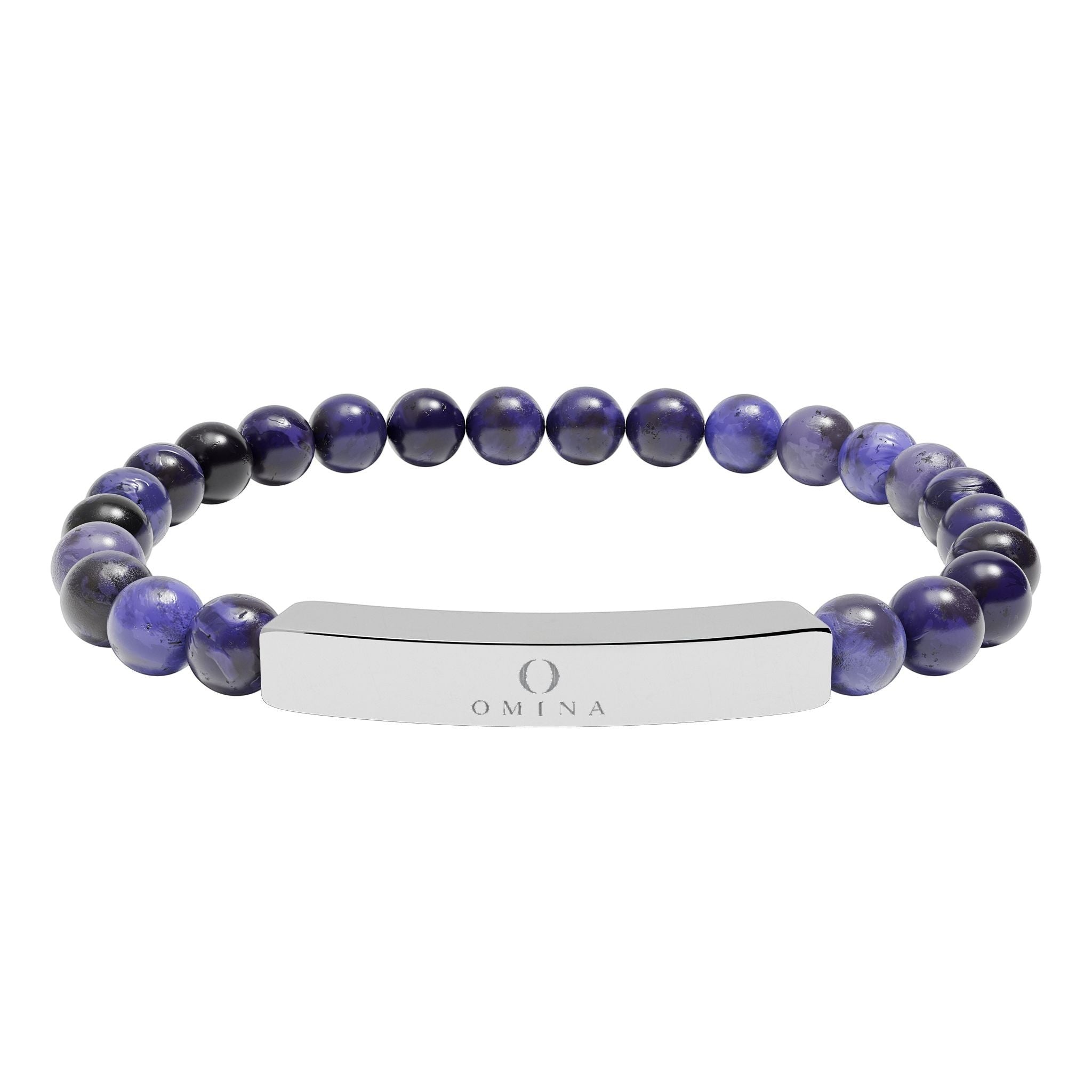 Omina natural stone stretch bracelet with deep purple marbled beads and a polished stainless steel engraved bar.