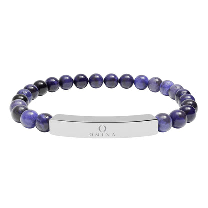 Omina natural stone stretch bracelet with deep purple marbled beads and a polished stainless steel engraved bar.