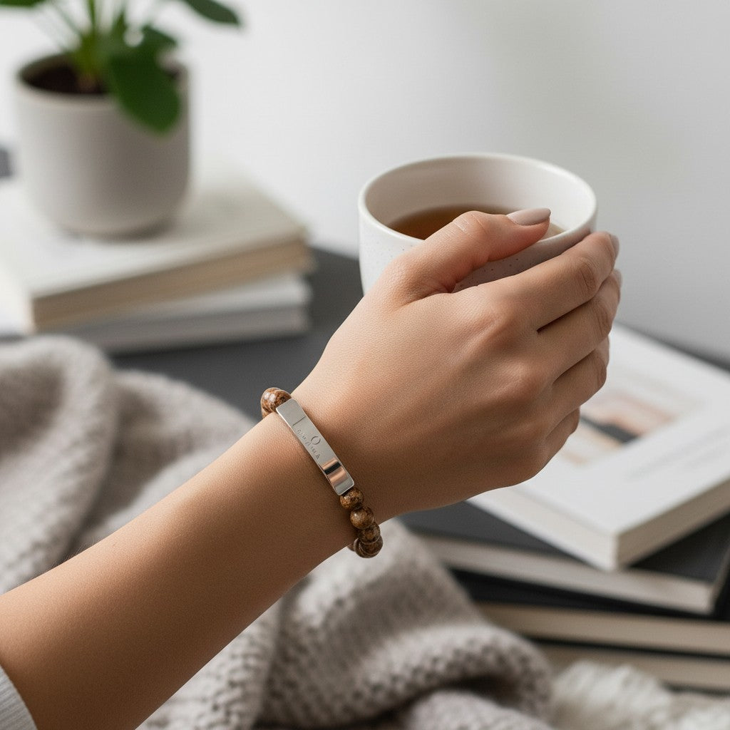 Omina natural stone stretch bracelet with a stainless steel engraved bar, worn on a wrist holding a coffee mug.