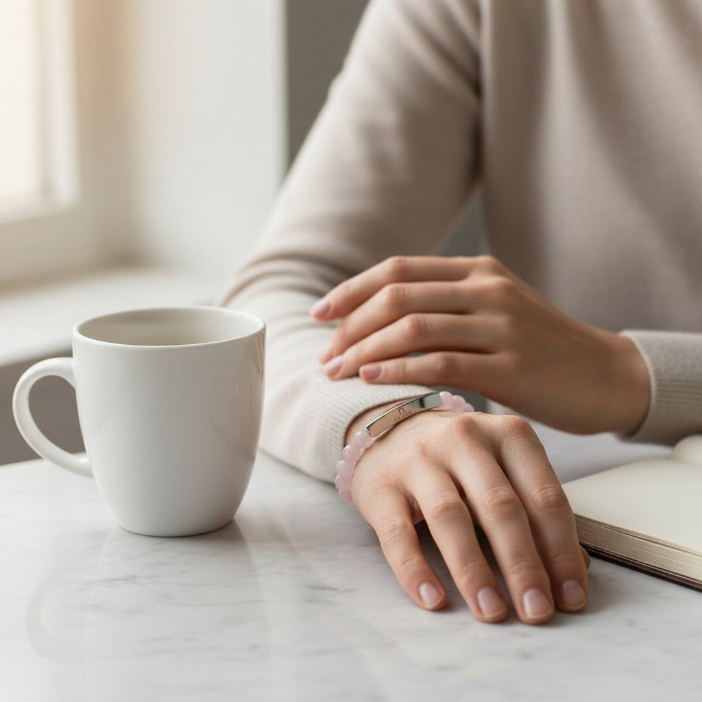 Omina natural stone stretch bracelet with a stainless steel bar, worn by a person at a table with a coffee mug.