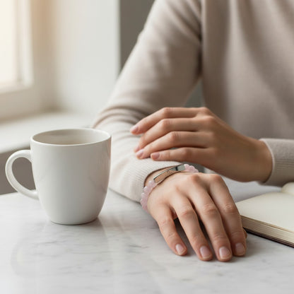 Omina natural stone stretch bracelet with a stainless steel bar, worn by a person at a table with a coffee mug.