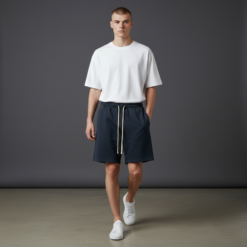 Male model wearing Omina Essentials navy blue unisex drawstring shorts with a white t-shirt and sneakers