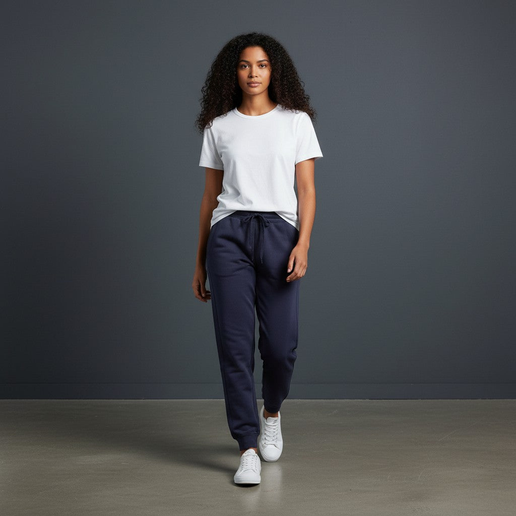 A model wearing Omina Essentials navy blue drawstring jogger pants and a white t-shirt in a studio setting.