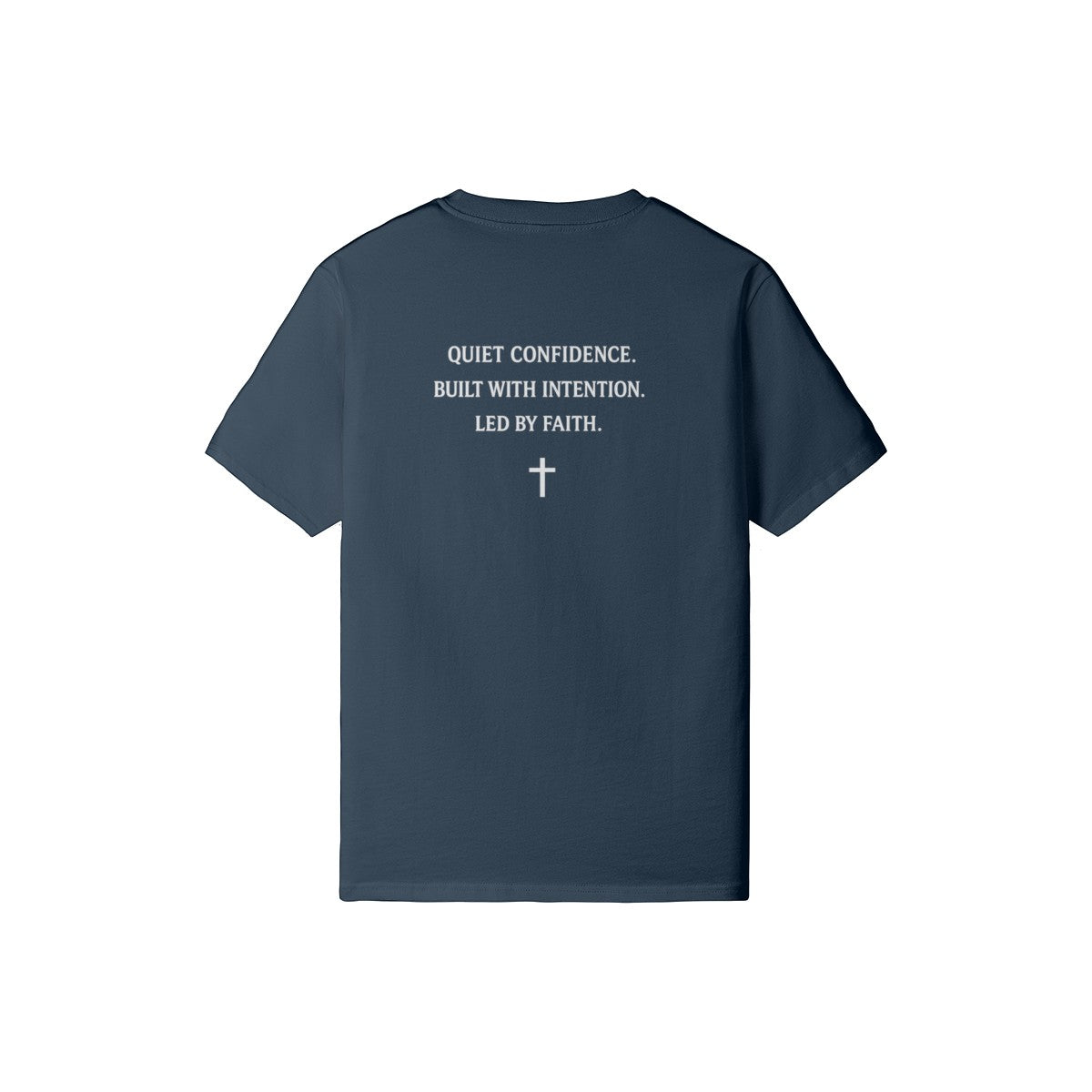 Omina navy heavyweight cotton t-shirt featuring back print with faith-inspired text and a cross graphic.