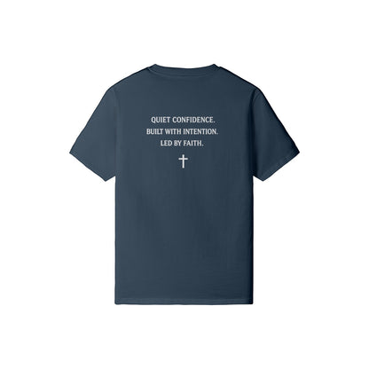 Omina navy heavyweight cotton t-shirt featuring back print with faith-inspired text and a cross graphic.