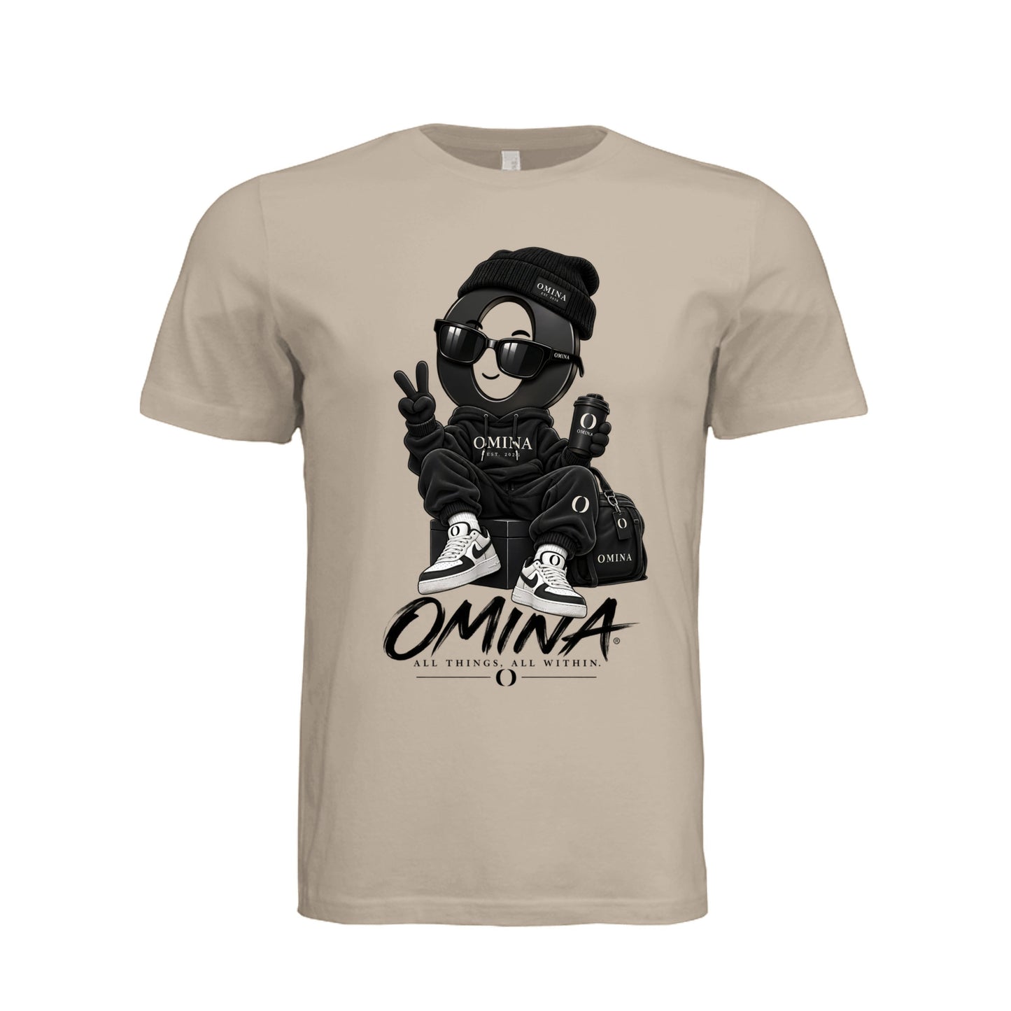 Omina O Urban T-Shirt in beige featuring a graphic of a character in streetwear with the Omina logo and branding.