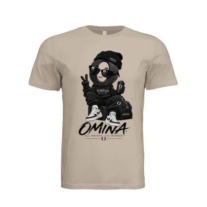 Omina O Urban T-Shirt in beige featuring a graphic of a character in streetwear with the Omina logo and branding.