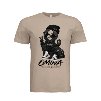 Omina O Urban T-Shirt in beige cotton featuring a graphic of a character in streetwear with the Omina logo.