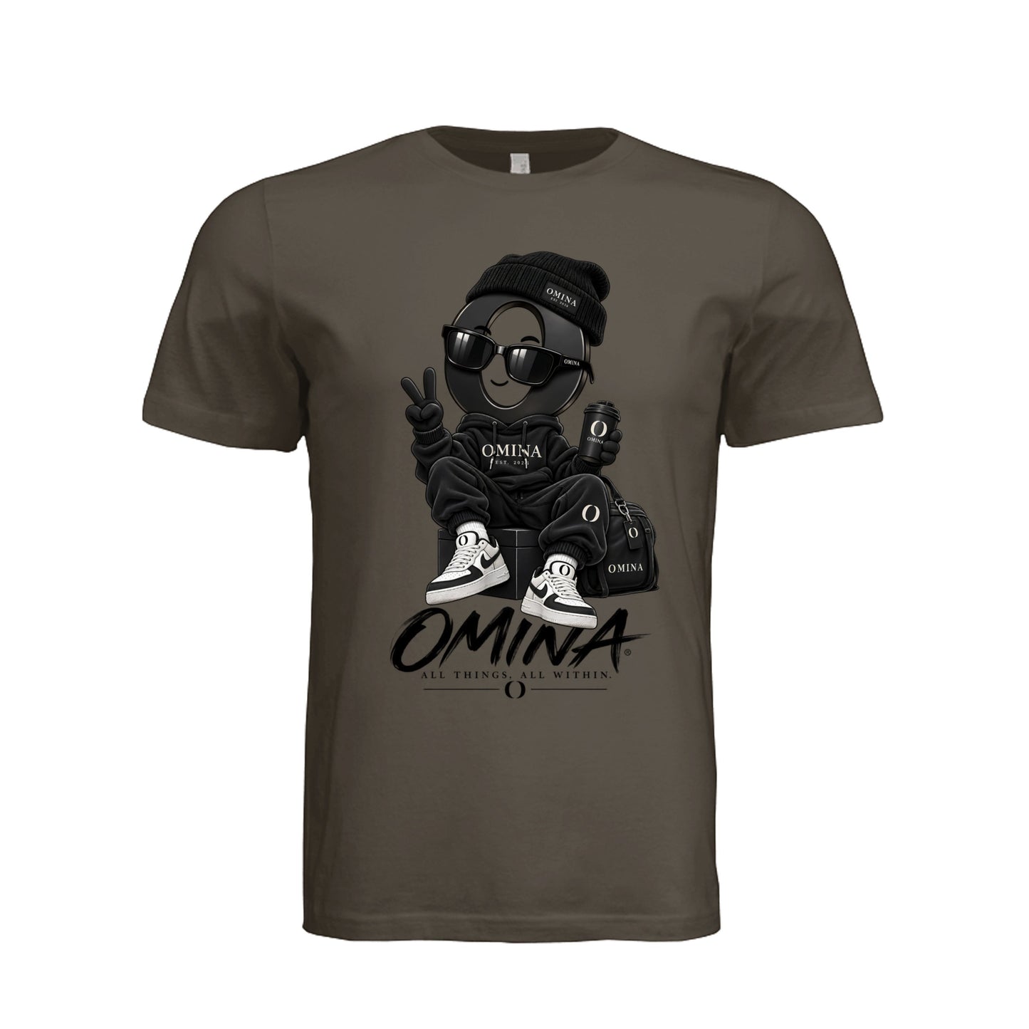 Omina O Urban T-Shirt in dark brown cotton featuring a graphic of a stylized character wearing streetwear and sunglasses.