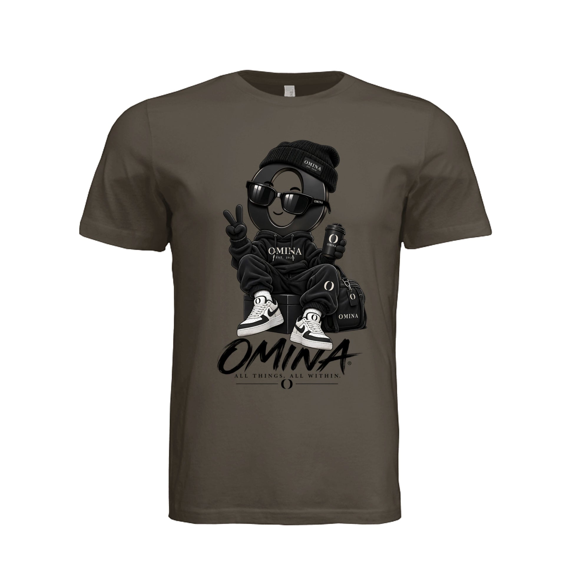 Omina O Urban T-Shirt in dark brown cotton featuring a graphic of a stylized character wearing streetwear and sunglasses.
