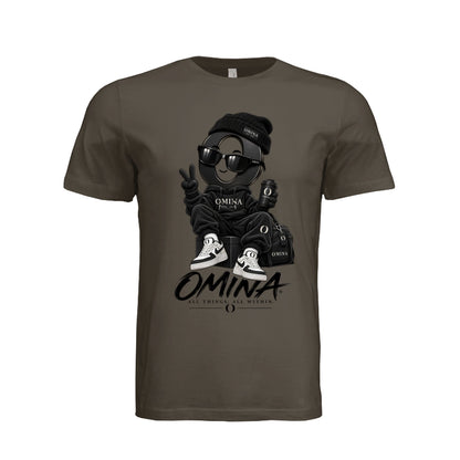 Omina O Urban T-Shirt in dark brown cotton featuring a graphic of a stylized character wearing streetwear and sunglasses.