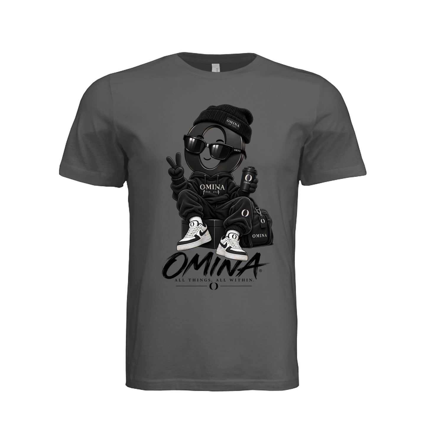 Omina O Urban T-Shirt in dark grey cotton featuring a graphic of a stylized character in streetwear and Omina branding.