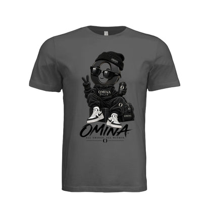 Omina O Urban T-Shirt in dark grey cotton featuring a graphic of a stylized character in streetwear and Omina branding.