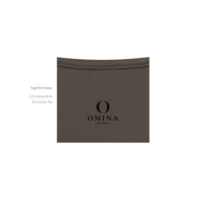 Omina Studio O Urban T-Shirt featuring a minimalist black O logo print on the inner neck area of the dark fabric