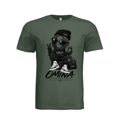 Omina O Urban T-Shirt in olive green cotton featuring a graphic of a character wearing a beanie and sunglasses.