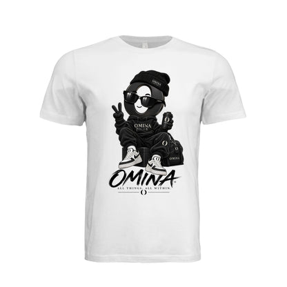 Omina O Urban T-Shirt in white cotton featuring a graphic of a stylized character with OMINA branding and logo.