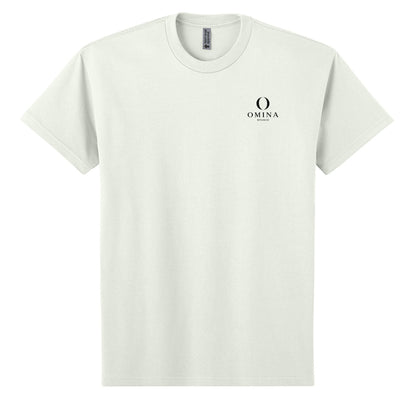 Omina heavyweight off-white cotton t-shirt featuring a small black Omina Studio logo on the chest