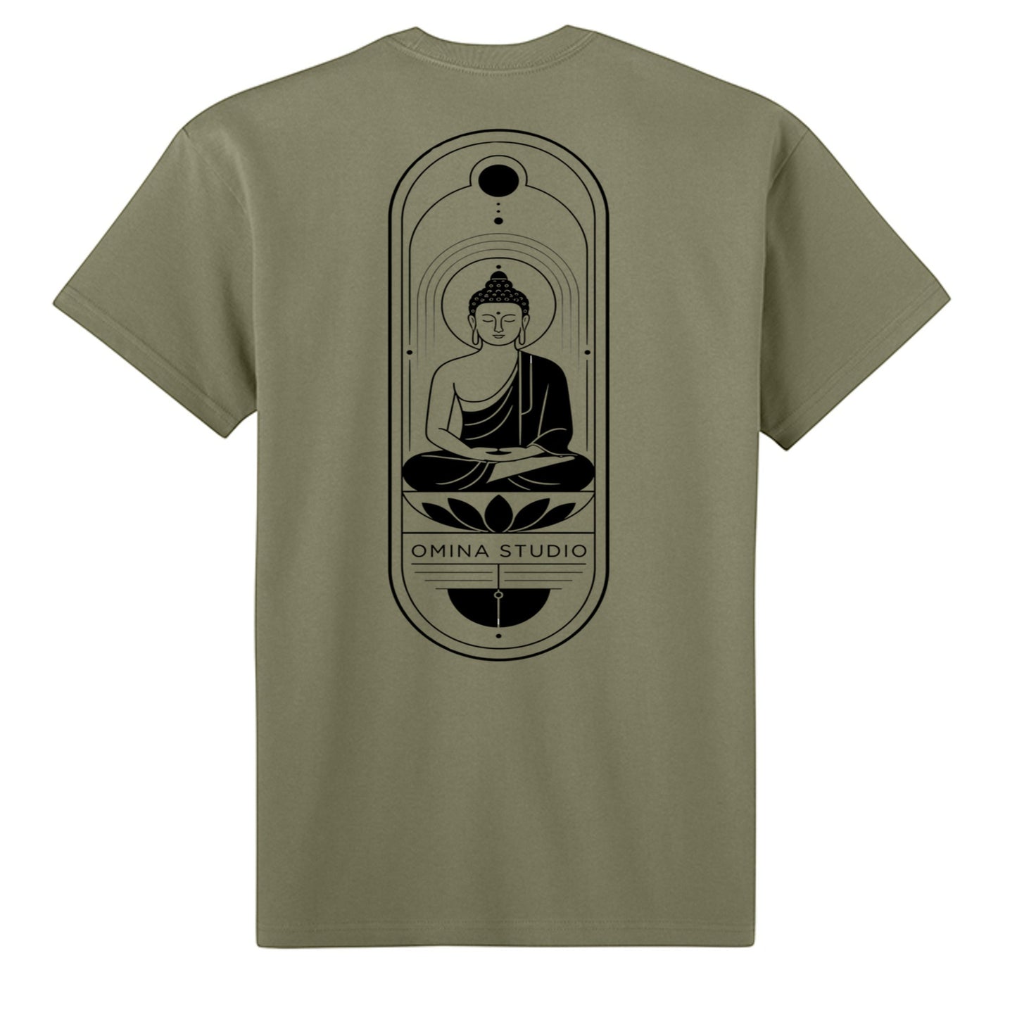 Omina heavyweight olive green cotton t-shirt featuring a black Buddha line art graphic on the back