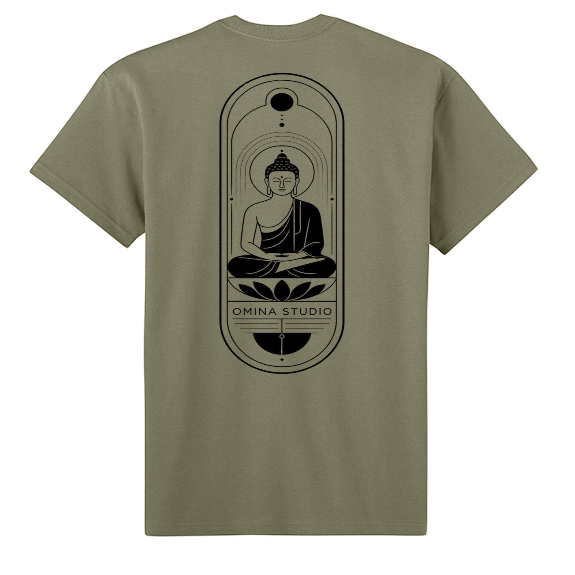 Omina heavyweight olive green cotton t-shirt featuring a black Buddha line art graphic on the back